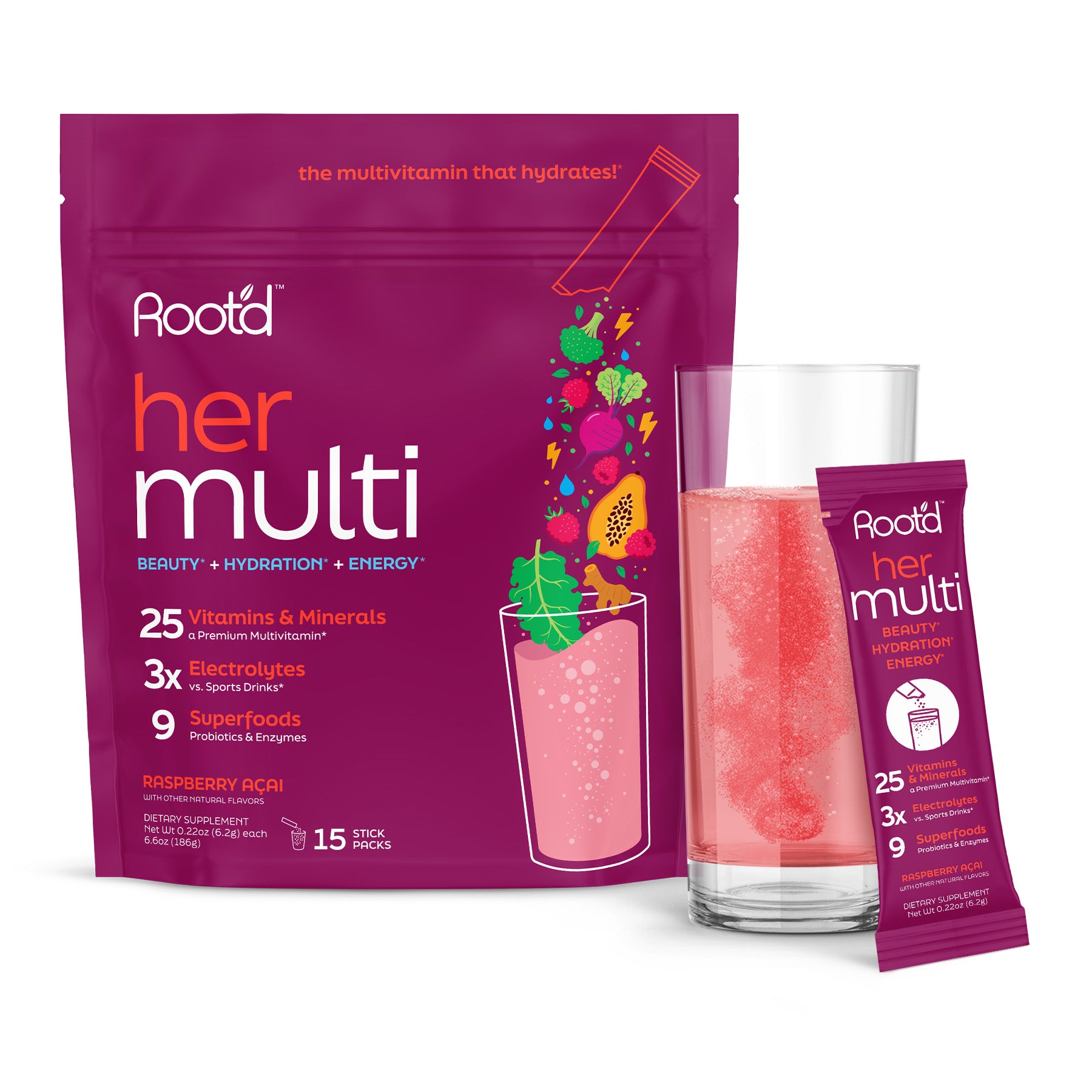 Root'd - The multivitamin that hydrates - powder multivitamin with electrolytes for women - 15 count