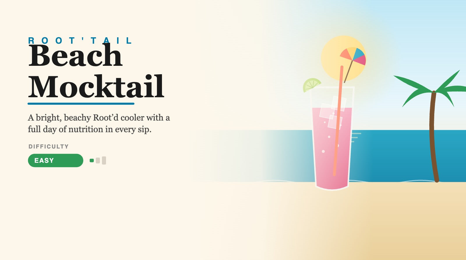 Beach Mocktail root'tail — illustrated beach scene with a Root'd cooler, lime and umbrella