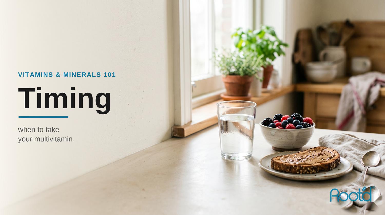 When is the best time to take multivitamins — morning kitchen with water, berries and toast