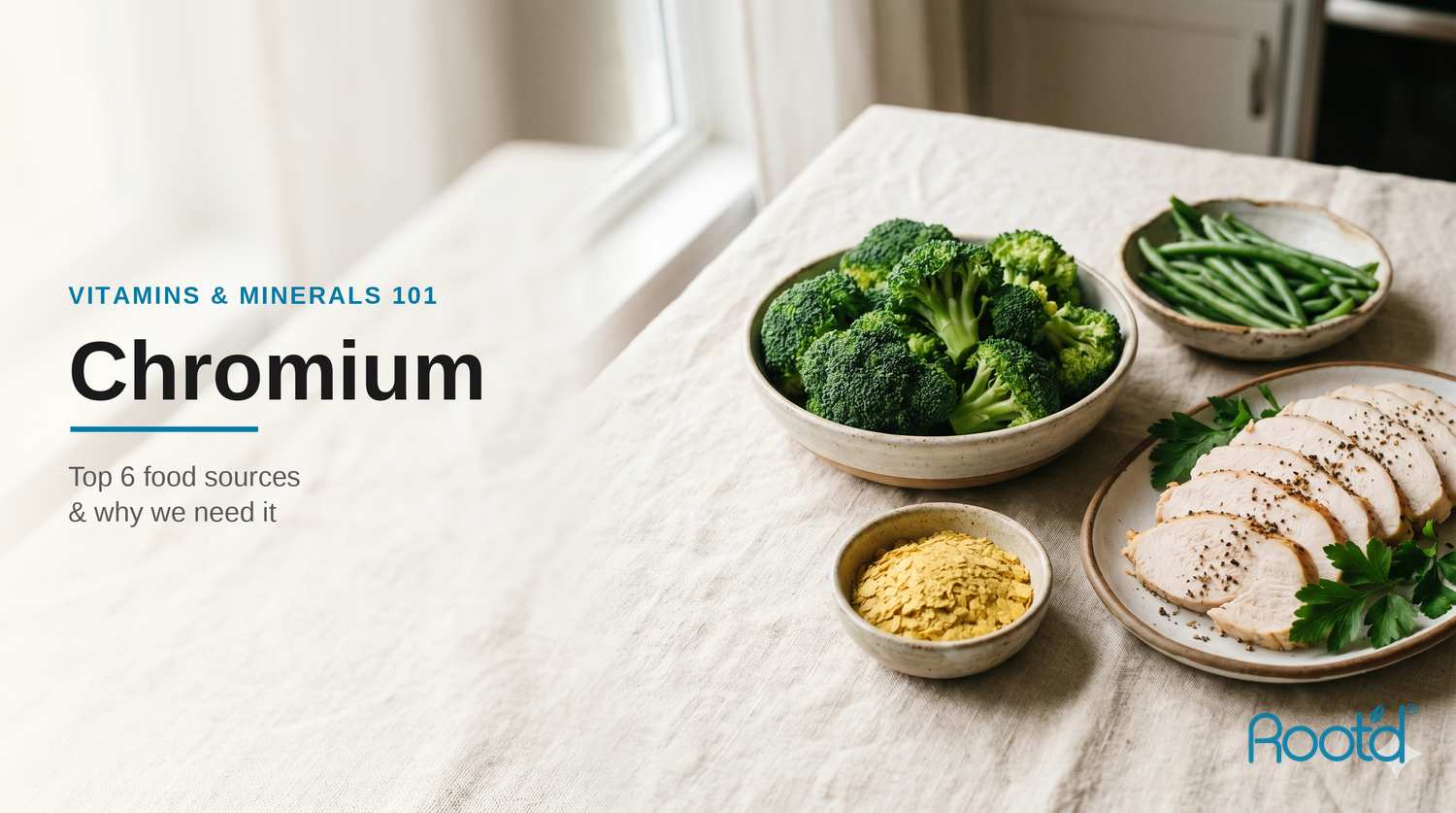 Top food sources of chromium including broccoli, green beans, turkey breast and nutritional yeast on a cream linen table