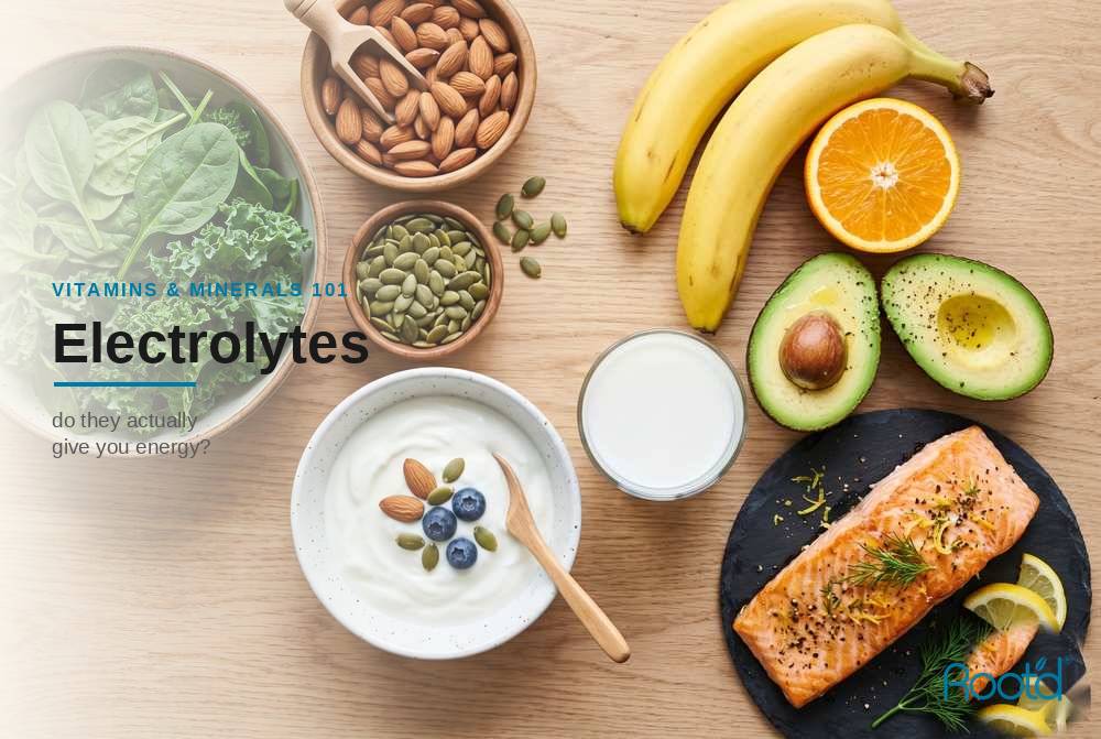Electrolyte-rich foods flat-lay with spinach, almonds, banana, avocado, yogurt and salmon