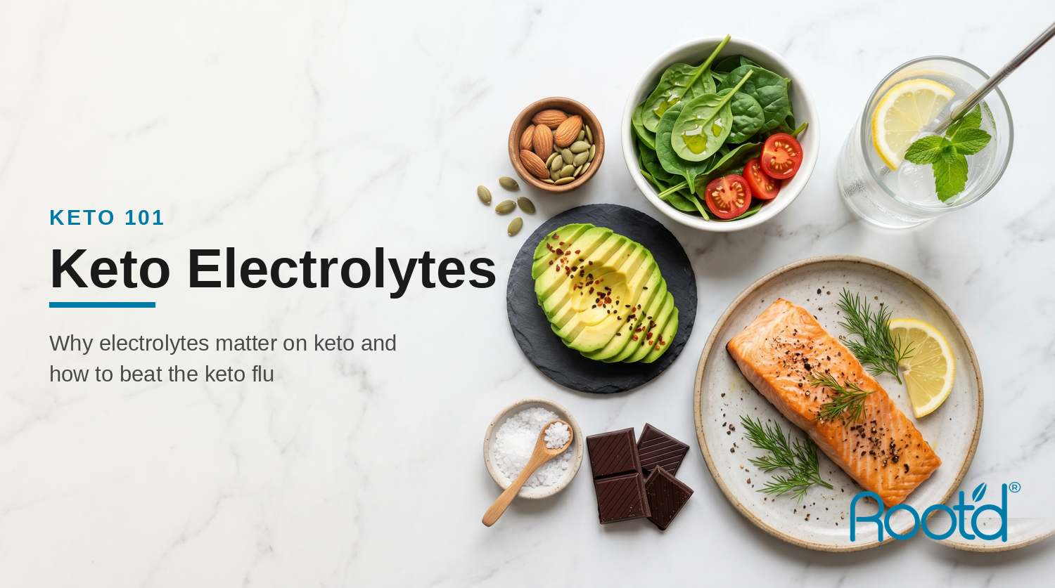 A flat-lay of keto-friendly electrolyte foods — avocado, salmon, spinach, almonds, pumpkin seeds, sea salt and dark chocolate — with a glass of electrolyte water