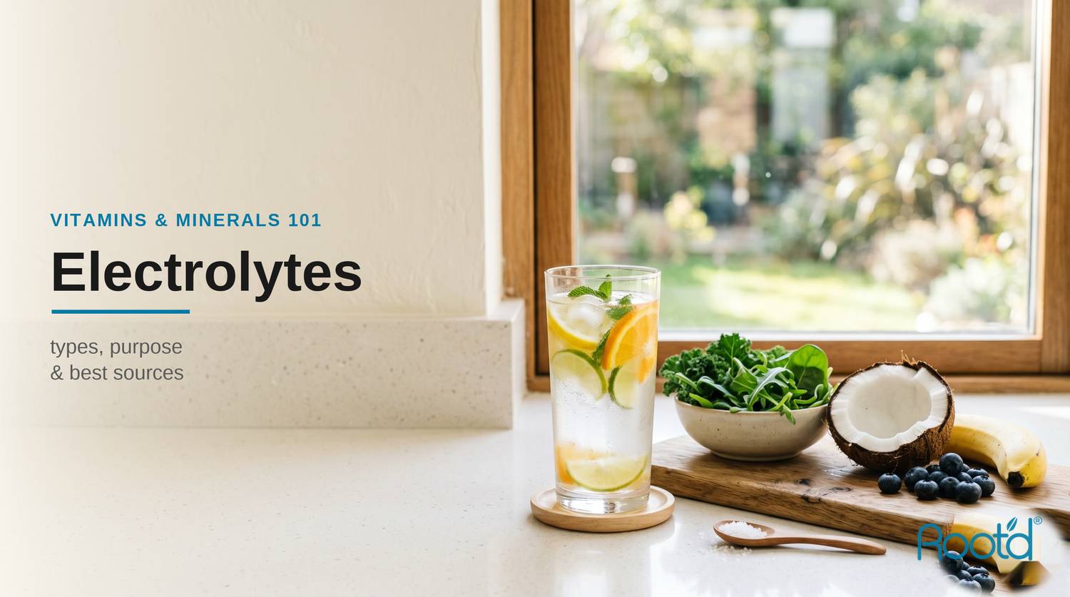 Electrolytes types, purpose and best sources — citrus water with electrolyte-rich foods by a window