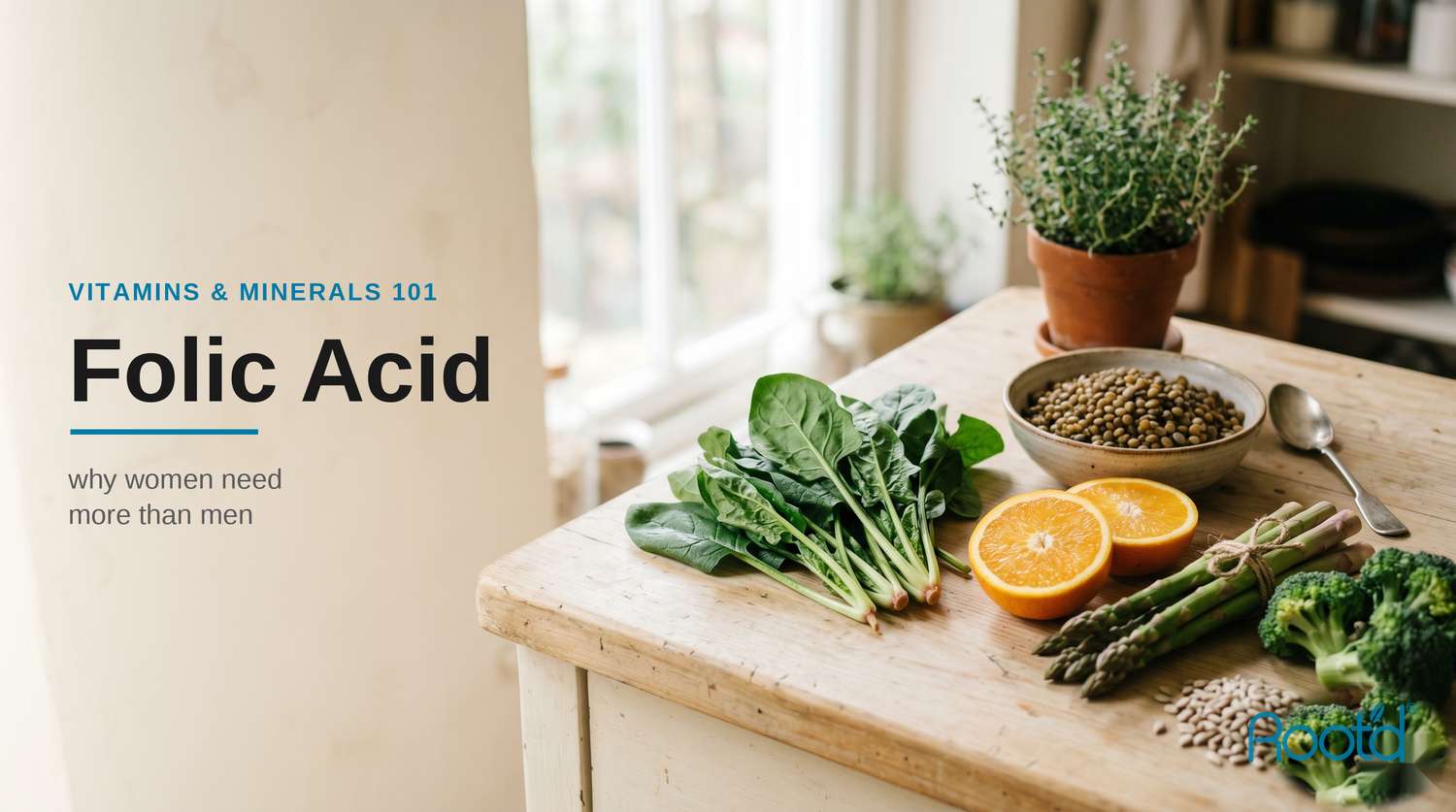 Folate-rich foods on a kitchen counter — why women need more folic acid than men