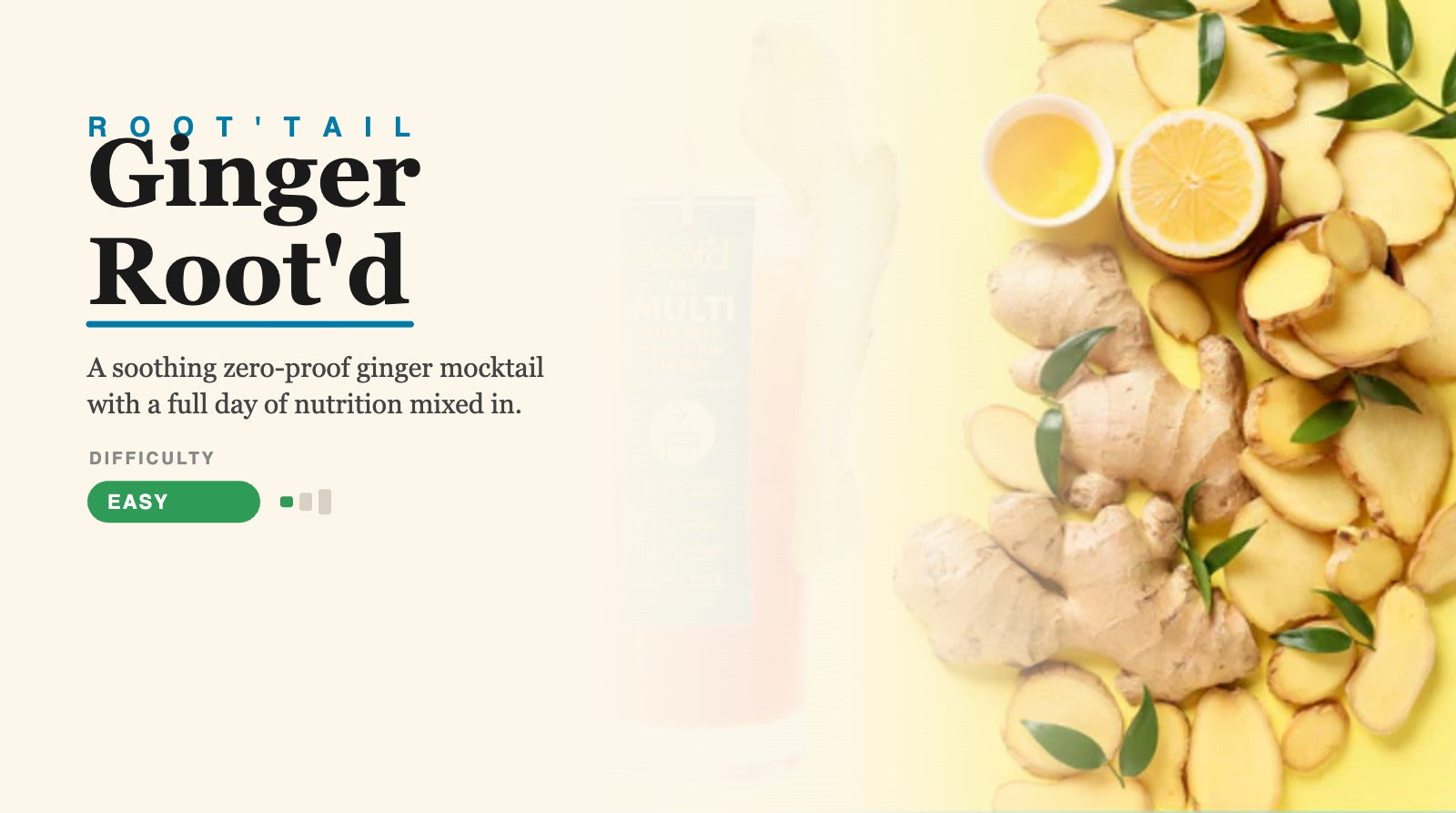 Ginger Root'd root'tail — zero-proof ginger mocktail with Root'd