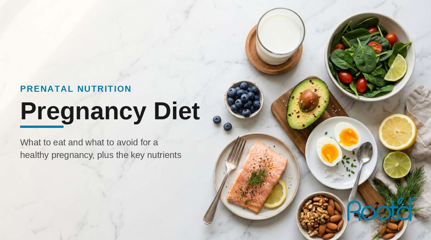 A bright flat-lay of pregnancy-healthy whole foods — salmon, spinach, avocado, eggs, citrus, blueberries, walnuts and milk — on marble