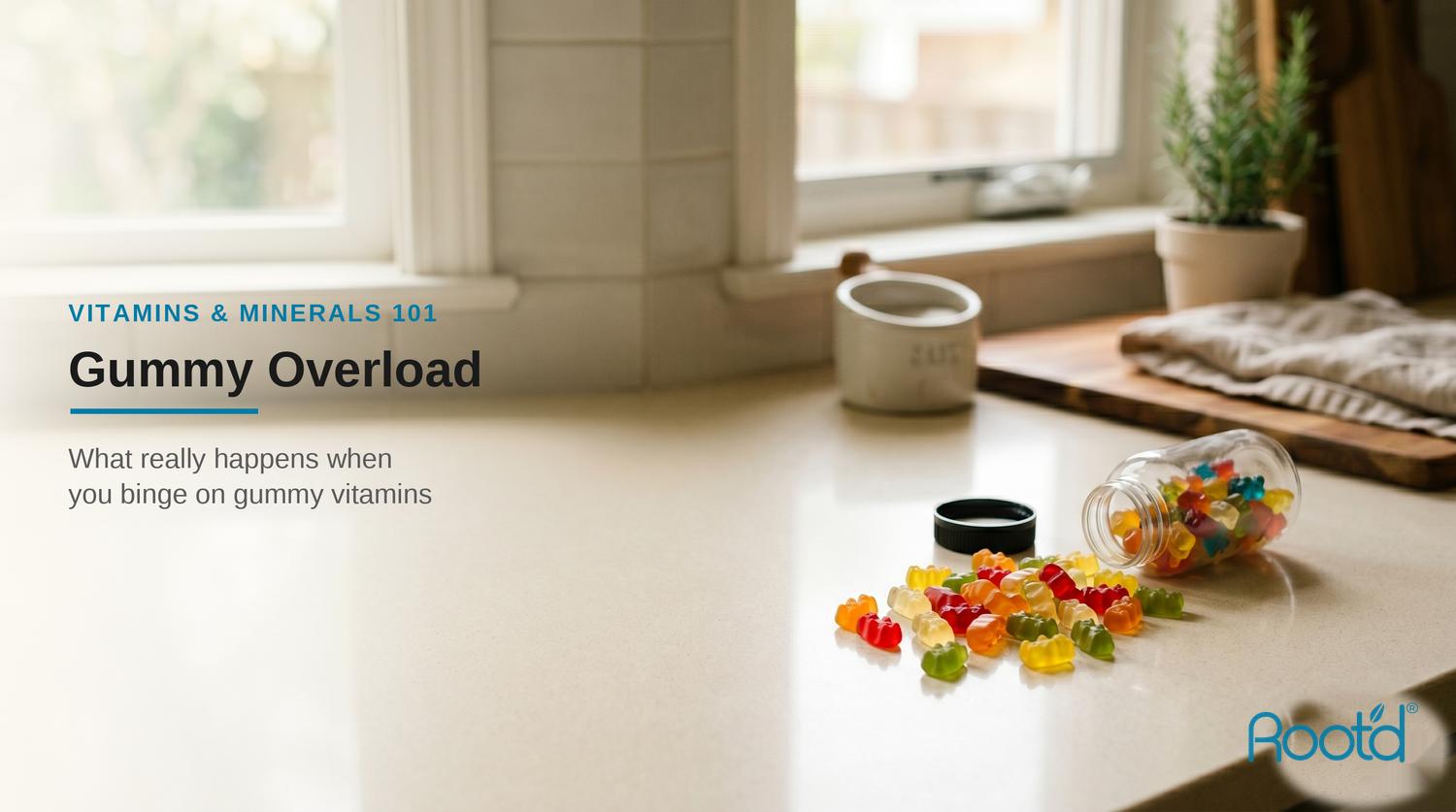 Colorful gummy vitamins spilled from a jar on a bright kitchen counter — what happens when you binge on gummy vitamins (Root'd)