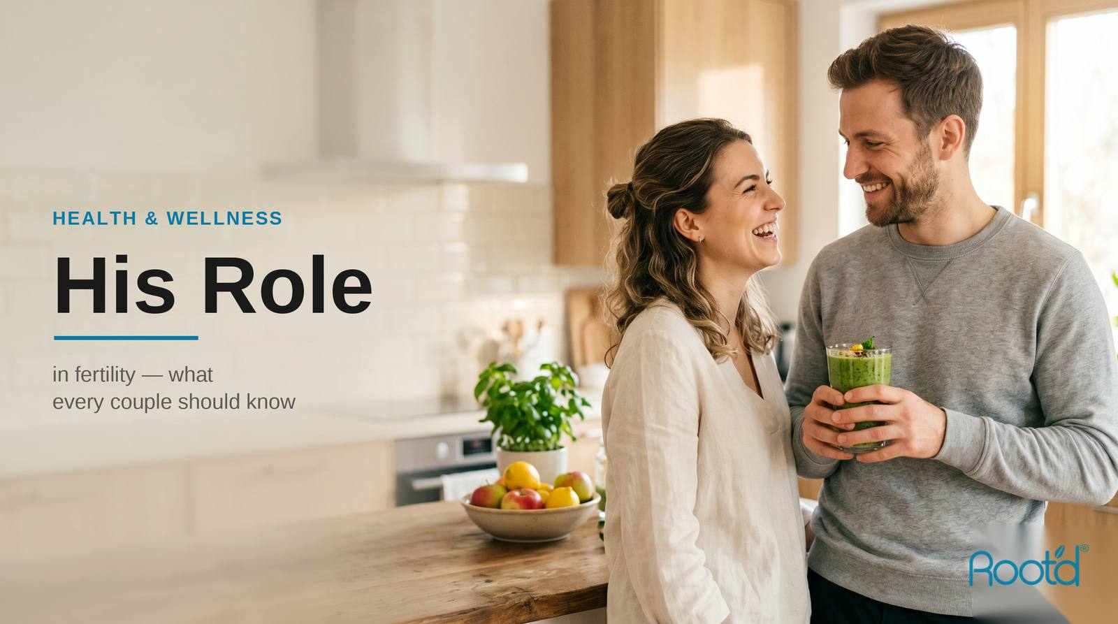 A couple smiling together in a kitchen - male fertility matters just as much for conception