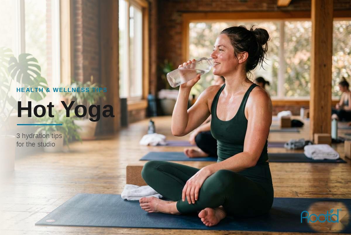 Woman hydrating with a glass of water during a hot yoga class
