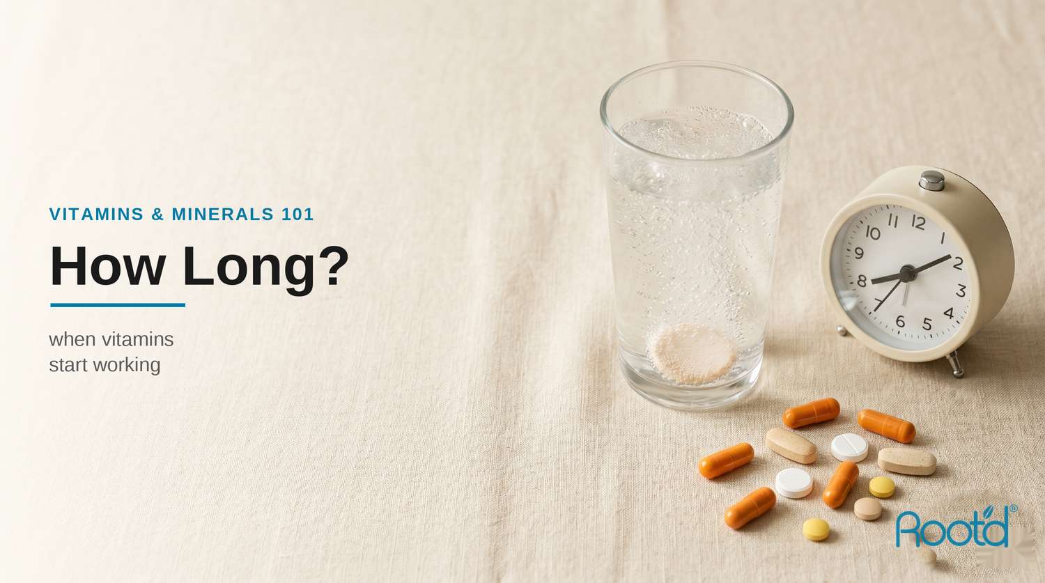 A glass of water with a dissolving tablet, an alarm clock and loose vitamins on a cream surface — how long do vitamins take to work (Root'd)