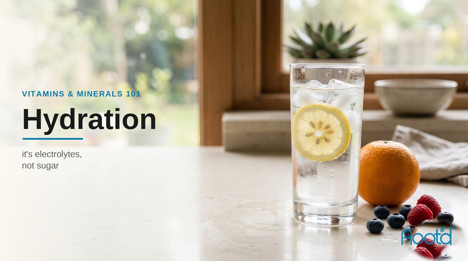 Sugar-free hydration: a glass of lemon water with fresh fruit, with the headline Hydration: it's electrolytes, not sugar
