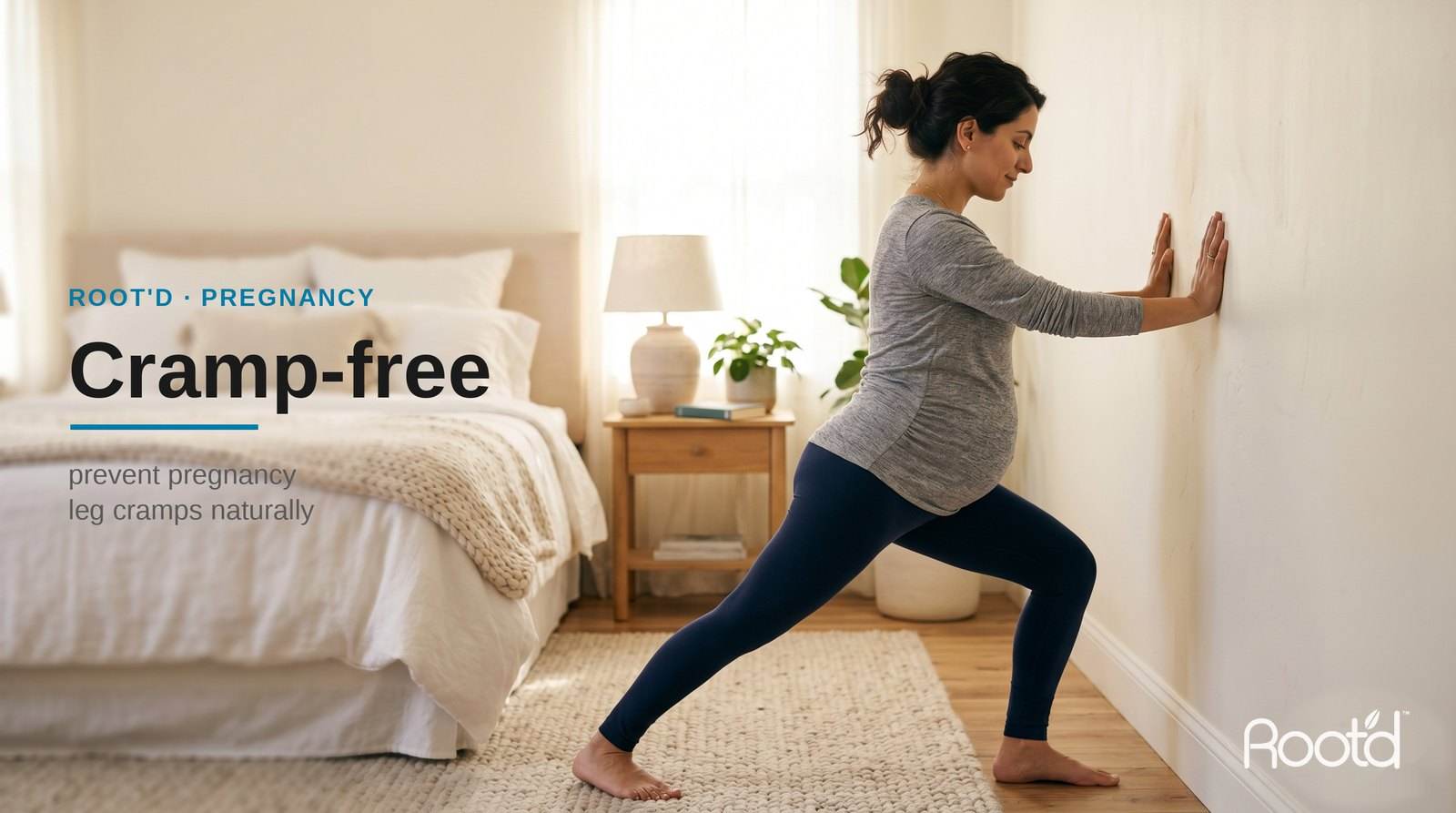 A pregnant woman stretching her calf before bed to ease leg cramps