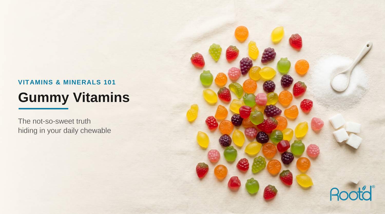 Colorful gummy vitamins scattered beside a pile of white sugar — the not-so-sweet facts about gummy vitamins (Root'd)