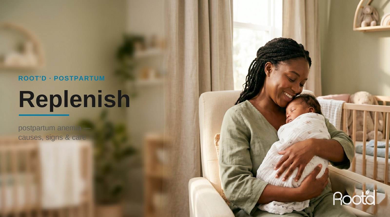 A new mother holding her newborn, looking tired — postpartum anemia is common, especially while breastfeeding
