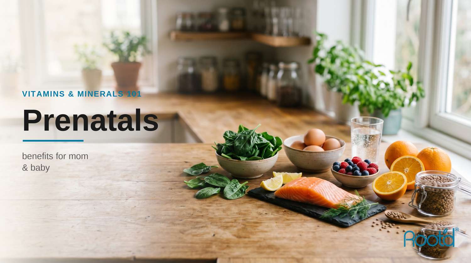 Benefits of prenatal vitamins to mommy and baby — fresh prenatal-nutrition foods on a kitchen counter