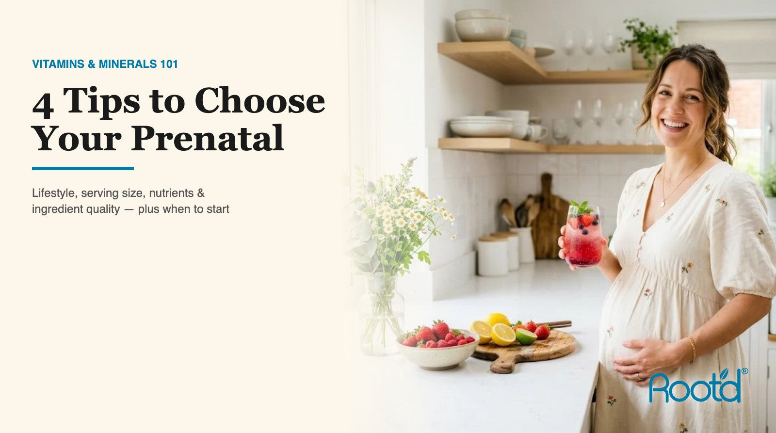 How to choose the best prenatal vitamin - 4 tips, from Root'd. A radiant expectant mom in a bright sunny kitchen.
