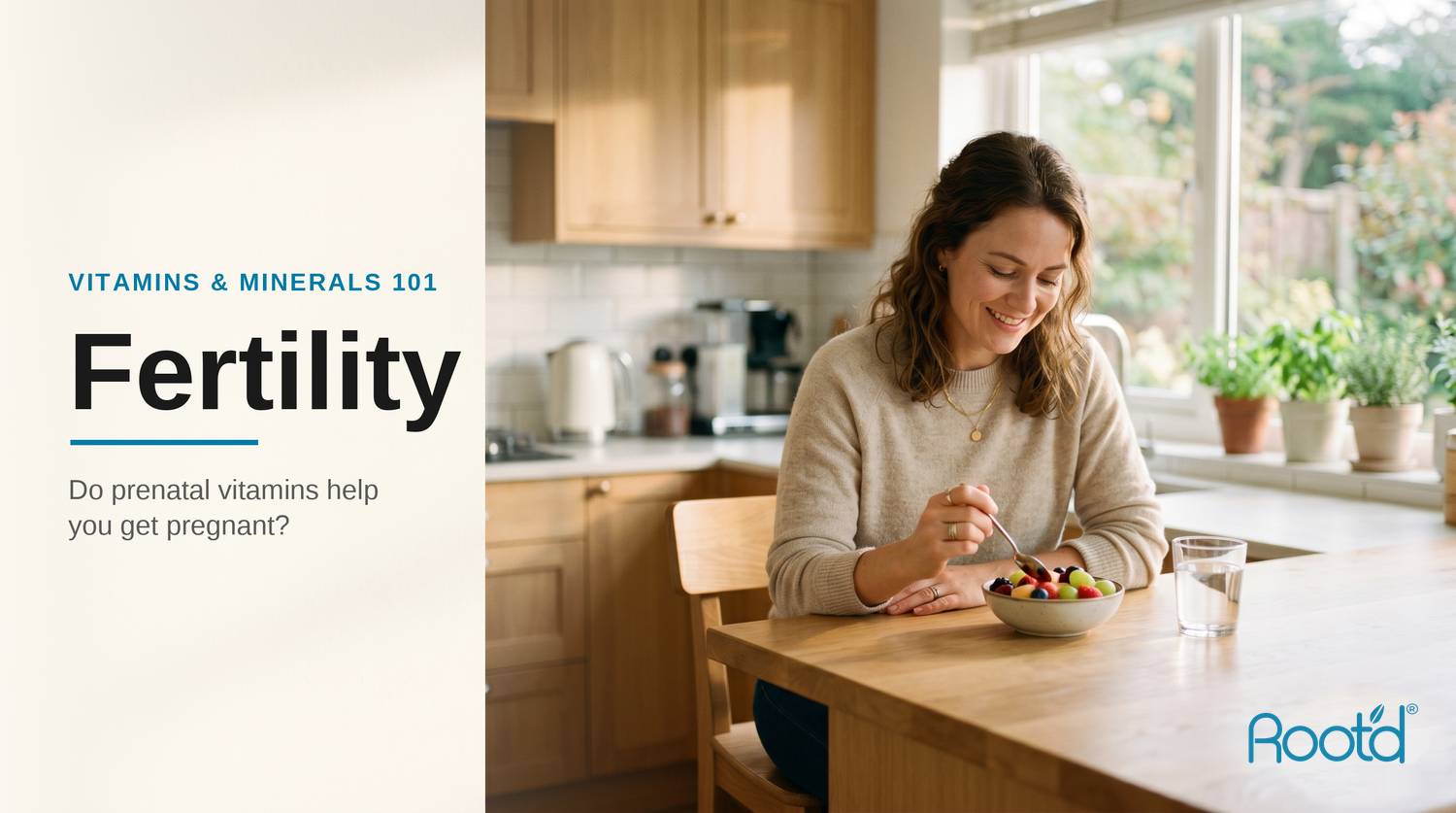 Do prenatal vitamins help increase your chances of getting pregnant - hopeful woman in a bright modern kitchen (Root'd)