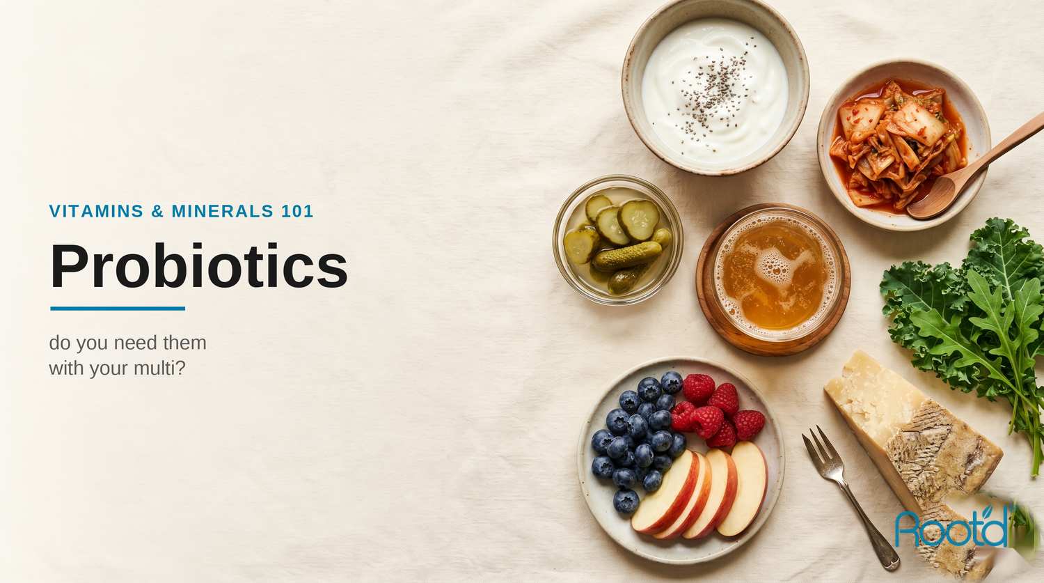 Probiotics and multivitamins: do you need both? Gut-healthy foods flat-lay (Root'd)