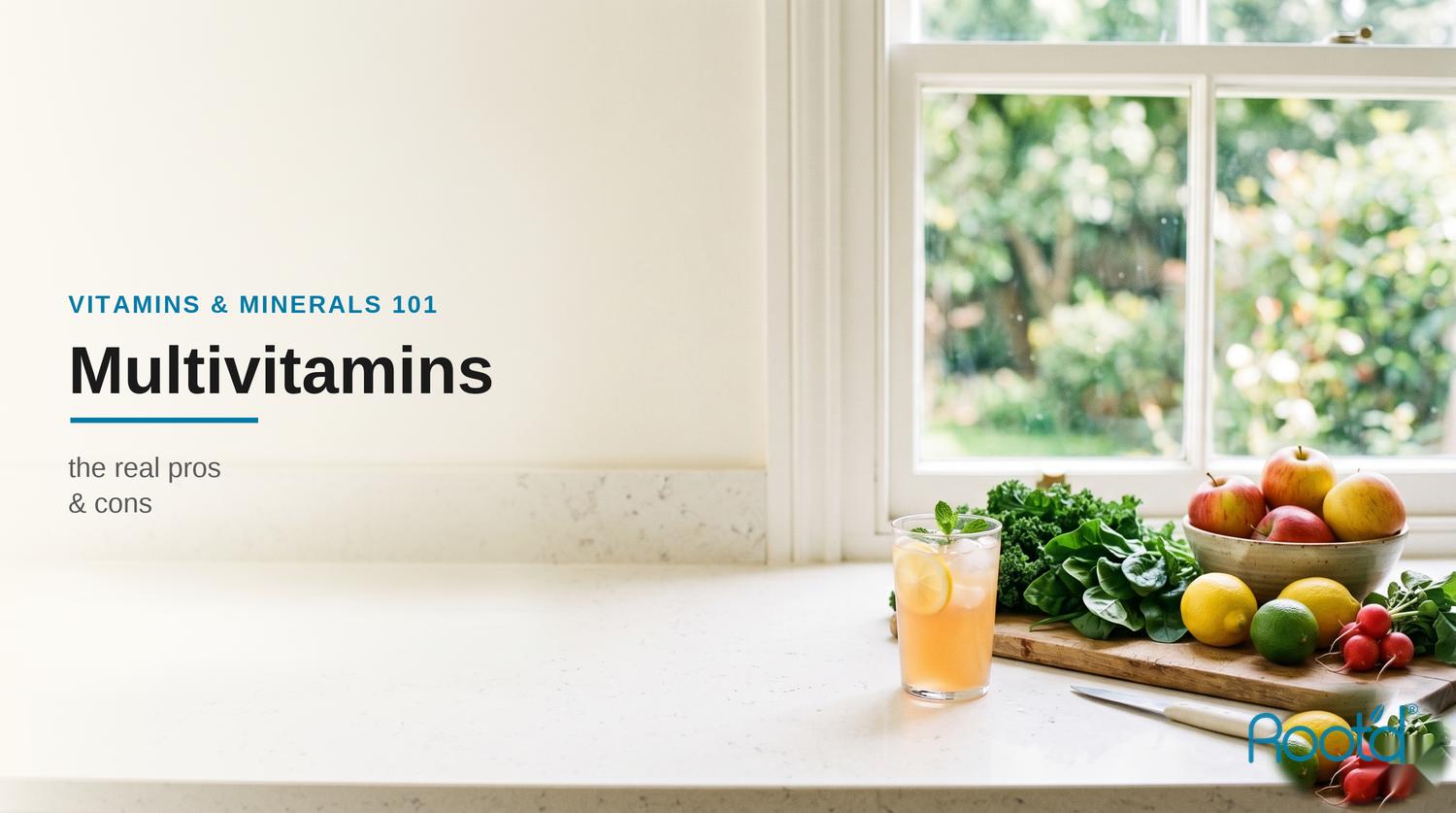 Pros and cons of taking multivitamins — fruit drink and fresh produce by a sunlit window