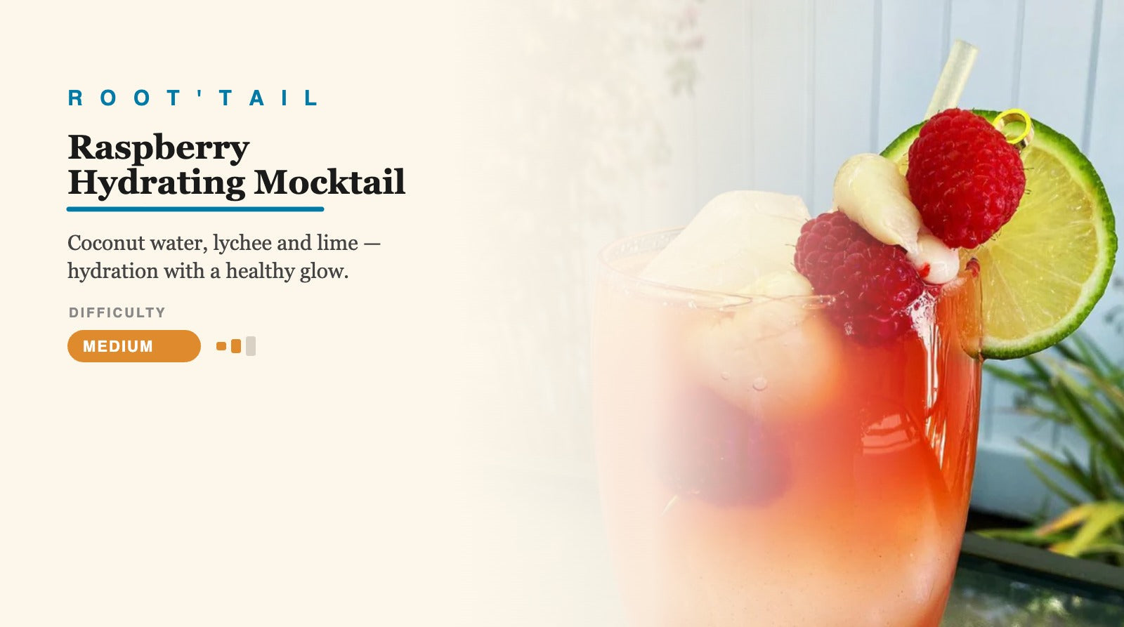 Root'd Raspberry Hydrating Mocktail root'tail — coconut water, lychee and lime with Root'd