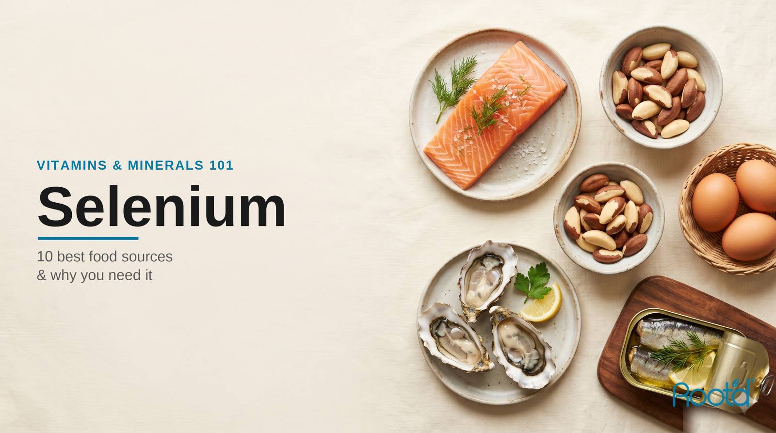 Selenium — 10 best food sources: Brazil nuts, salmon, oysters, eggs and sardines (Root'd)