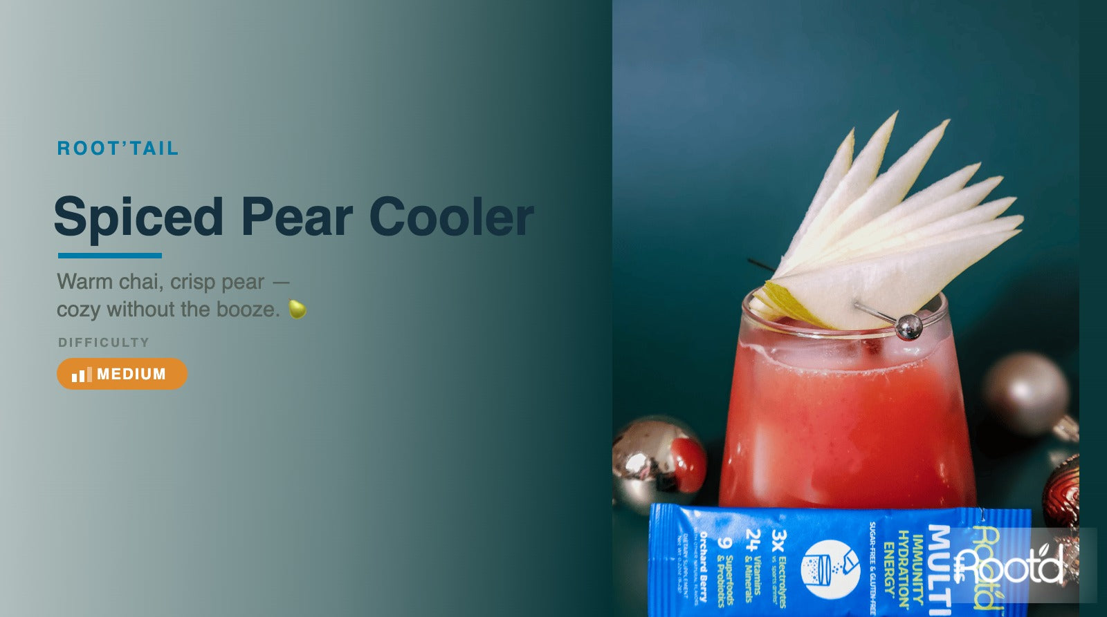 Spiced Pear Cooler root'tail header — chai pear mocktail with Root'd His