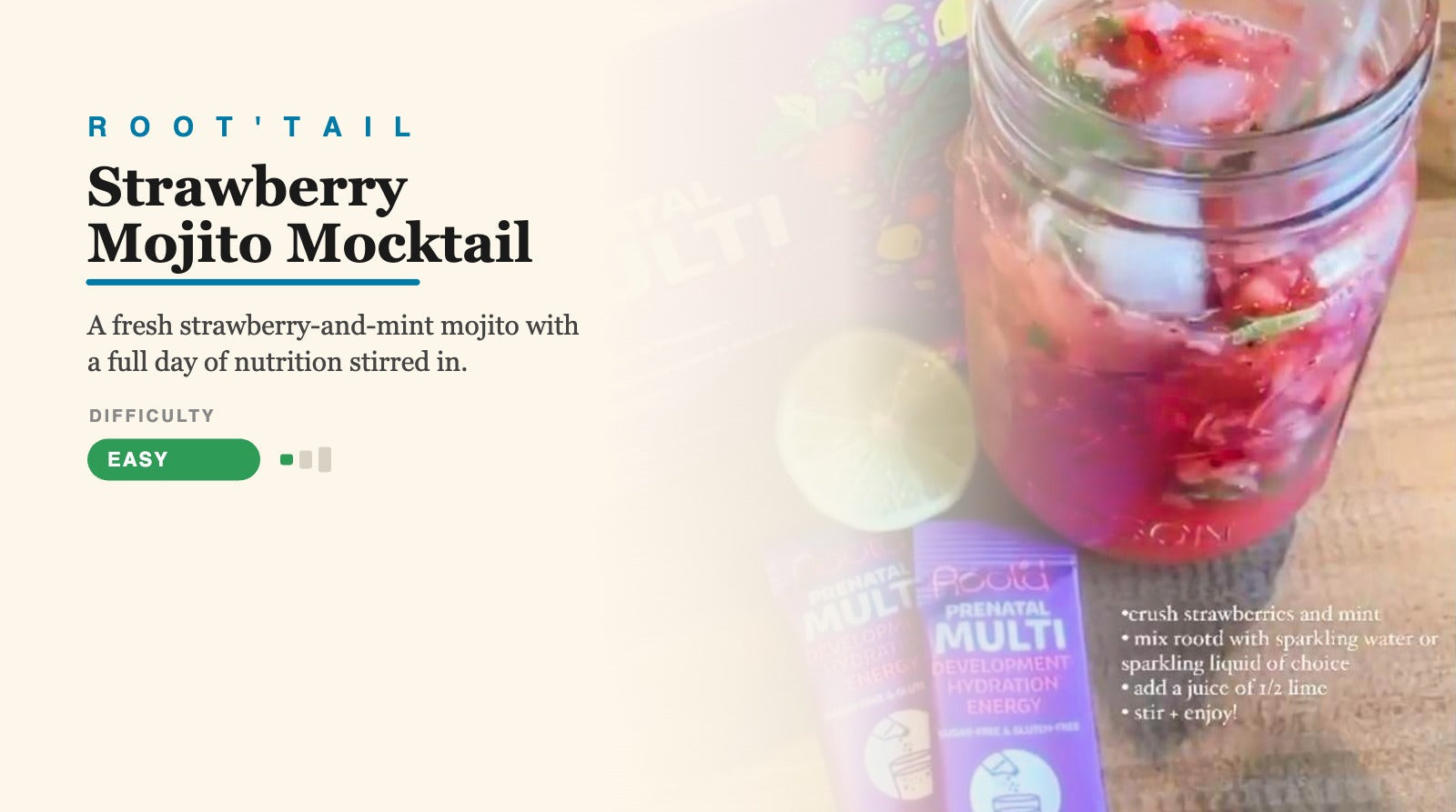 Strawberry Mojito Mocktail root'tail — strawberry mint mocktail with Root'd raspberry açaí