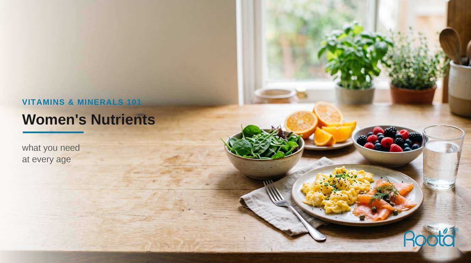 Essential nutrients for women at every age — fresh folate-rich foods on a kitchen counter