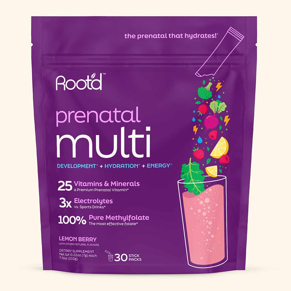 Purple package of Rootd prenatal multi supplement with lemon berry flavor on a white background