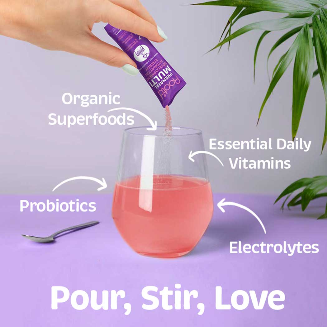 Root'd Prenatal Vitamin Powder Multivitamin with MORE than just a handful of vitamins and minerals! Electrolytes, Probiotics, Super Greens and Beets + Essential nutrients